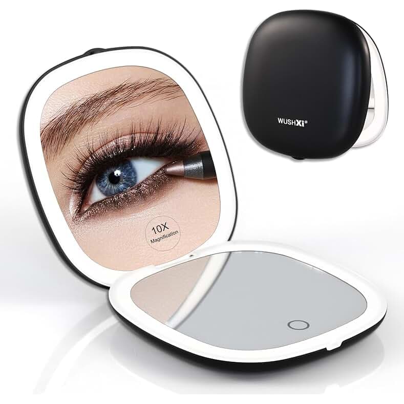 Portable LED Makeup Mirror - Compact Travel Mirror with Light, 10X Magnification, Adjustable Brightness, Rechargeable, for Her, Travel Accessories for Women, Ideal for Purse