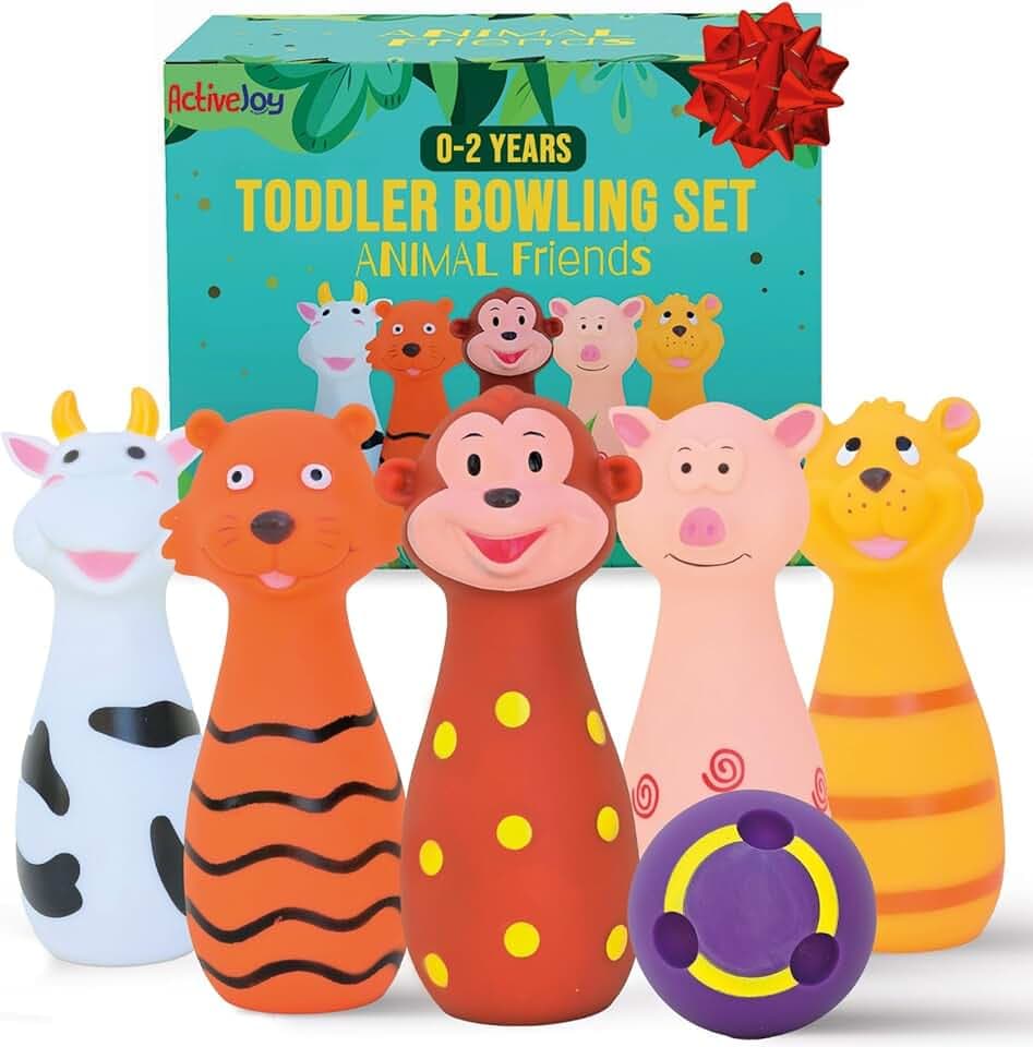 ActiveJoy - Toddler Bowling Set - Bowling Games for Kids Indoor - Real Animal Toy, 5 pins, 1 Ball for Family - 0-2 Years Old