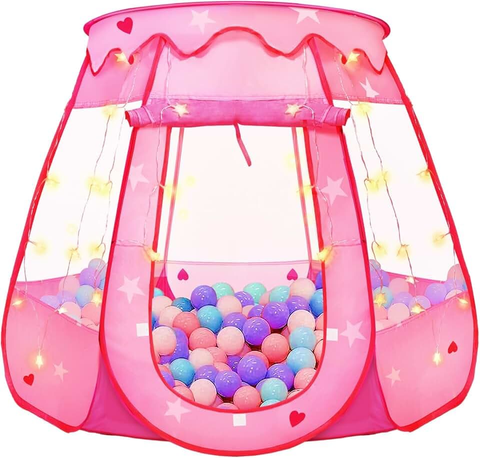 Pop Up Princess Tent with Star Light, Toys for 1 2 3 Year Old Girl Birthday Gift, Ball Pit for Baby 12-18 Month, Foldable Kids Play Tent for Toddler 1-3, One Year Old Girl Toy Indoor Outdoor