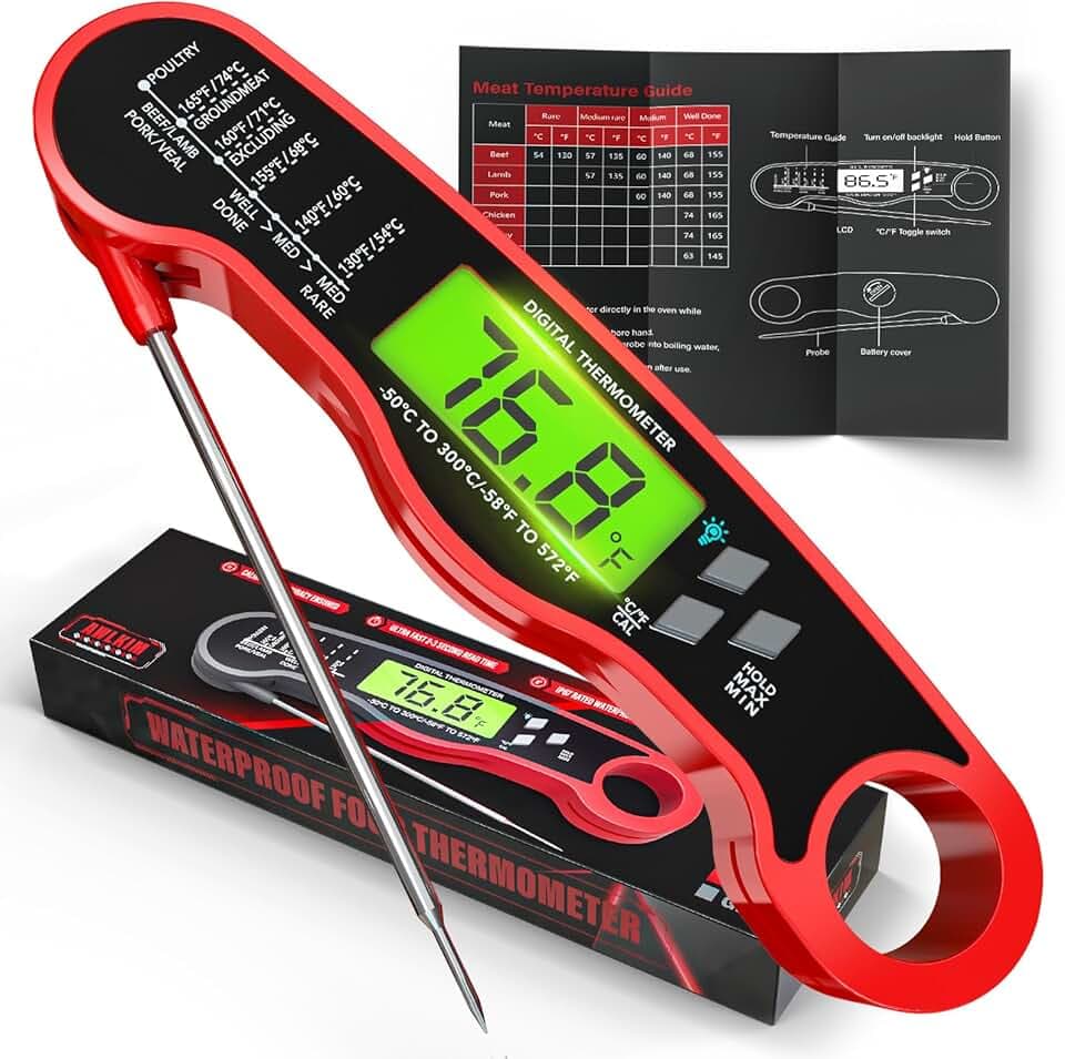Instant Read Meat Thermometer Digital - Waterproof Food Thermometer with Backlight for Cooking, Grill, Candy, Kitchen & Stocking Stuffers for Men - Red