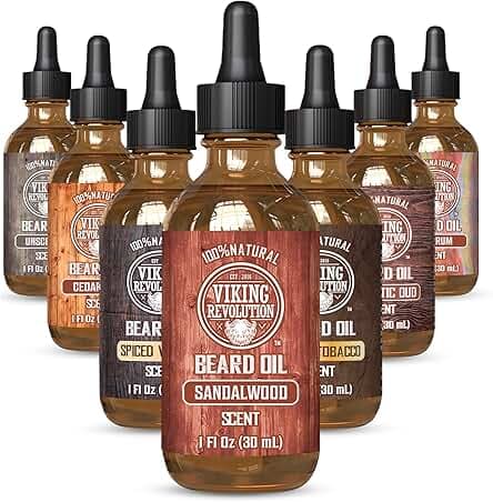 Viking Revolution Sandalwood Beard Oil for Men - Natural Mens Beard Oil with Argan Oil and Jojoba Oil - Beard Softener, Strengthens and Moisturizes - Beard Conditioner for Men (Sandalwood, 1 Pack)