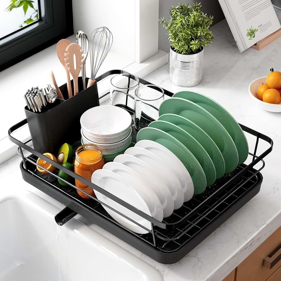 Kitsure Dish Drying Rack- Space-Saving Dish Rack, Dish Racks for Kitchen Counter, Kitchen Drying Rack with a Cutlery Holder, 12''W x 15''L, Black
