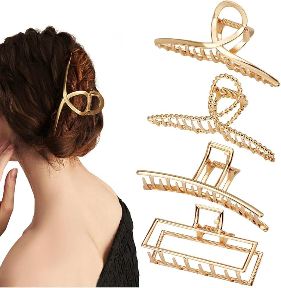 4 Pack Large Metal Hair Clips for Thin to Thick Curly Hair, 4.3 Inch Big Nonslip Gold Color Clamps, Perfect Fashion Jaw Claw Hair Styling Accessories for Women and Girls, Christmas Gifts