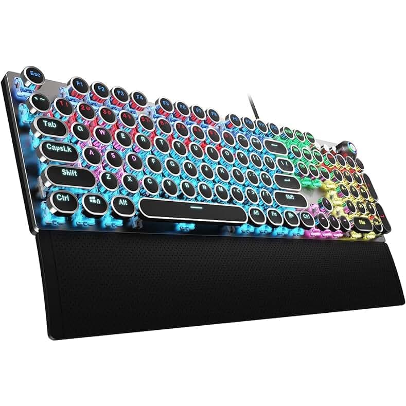AULA F2088 Typewriter Style Mechanical Gaming Keyboard Blue Switches,Rainbow LED Backlit,Removable Wrist Rest,Media Control Knob,Retro Punk Round Keycaps,USB Wired Computer Keyboard