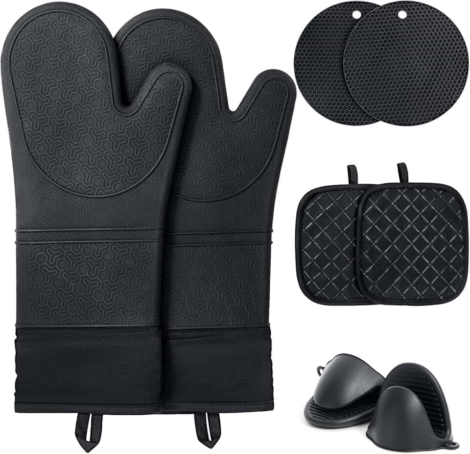 Oven Mitts and Pot Holders Sets, 8pcs Pot Holders and Oven Mitts Heat Resistant, Kitchen Non-Slip Silicone Oven Mitts with Soft Cotton Lining, 14.5" Extra Long Oven Gloves for Cooking, Black