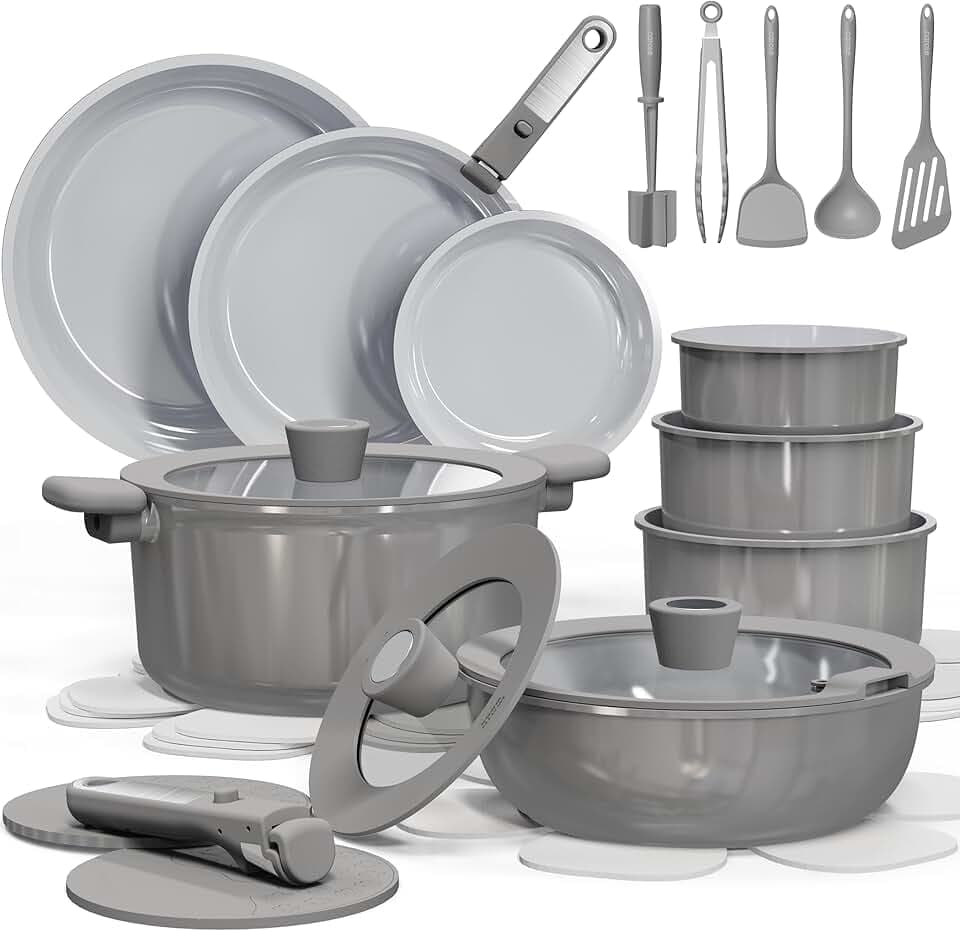 CAROTE 27pcs Ceramic Cookware Set Nonstick, Pots and Pans Set Non stick, Non Toxic Cookware, Dishwasher/Oven Safe, RV/Camping Cookware Set, Pan and Pot with Kitchen Utensils, Dark Gray