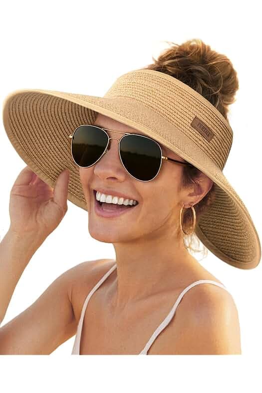 FURTALK Sun Hats for Women Wide Brim Beach Hat Straw Visor Ponytail Summer UV Packable Foldable Beach Vacation Essentials