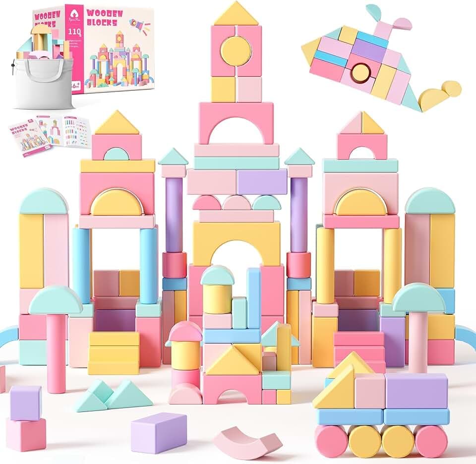 VigorFun 110 PCS Wooden Building Blocks Set - Construction Stacking Toy with Storage Bag, Montessori Preschool Toys for Toddlers Kids Birthday Gifts Ages 3+