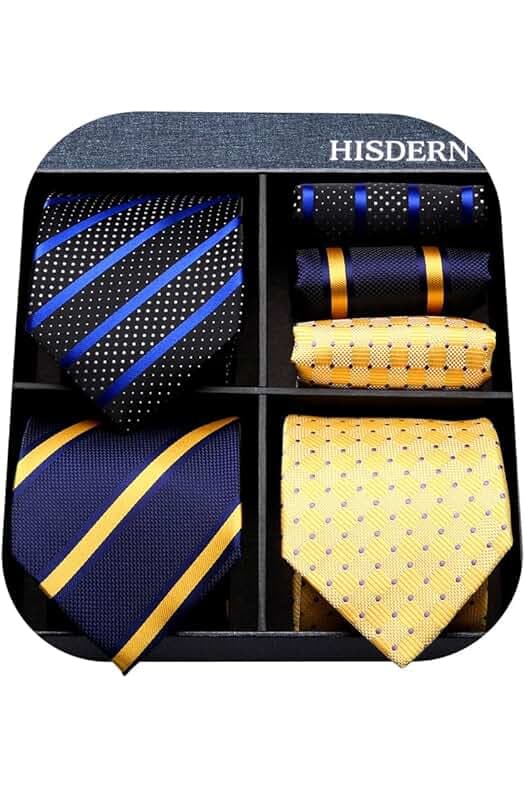 HISDERN Mens Ties Extra Long Tie and Pocket Square Set 63 Inch XL Tie Pack Collection Present Box Necktie Lot 3 PCS