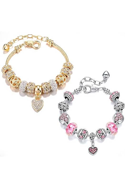 2 Pack Charm Bracelets Pink and Gold Heart Silver Plated Charm Bracelet, DIY Jewelry for Women Gifts, with Beads, Crystal, Charms, Love and Adjustable Snake Chain, Fits 7.5"+1.5"