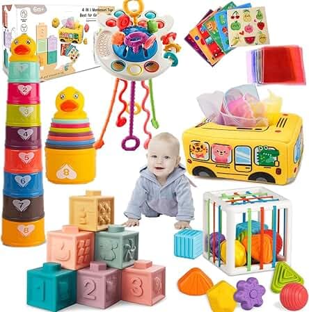 Baby Toys 6 to 12 Months, Montessori Toys for 1 Year Old, Silicone Pull String Teething Toy, Stacking Building Blocks Infant Toddler Toy 0-3, Color Shape Bin Sensory, Baby Boys&Girls Gifts