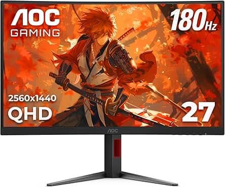 AOC CQ27G4H 27" Curved Gaming Monitor, QHD 2K 2560x1440, 1500R VA, 180Hz 0.5ms, AMD FreeSync Premium, Height Adjustable Stand, Xbox PS5 Switch Compatiable, 3-Year Zero-Bright-dot