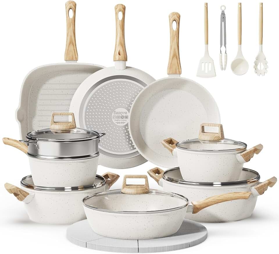 24 Pcs Pots and Pans Set, Non Stick Ceramic Cookware Set with 3 Stockpots, Healthy Non-Toxic, Large Capacity, Induction Compatible, PFAS/PTFE/PFOA Free, Cream White