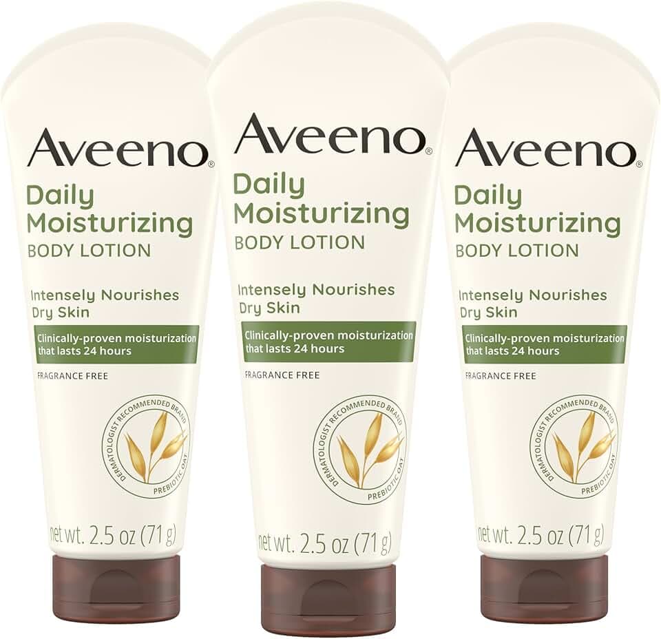 Aveeno Daily Moisturizing Body Lotion, Gentle Lotion Nourishes Dry Skin With Moisture, Soothing Prebiotic Oat, Fragrance-Free, Non-Comedogenic, Travel-Size, Pack of Three, 3 x 2.5 fl. Oz