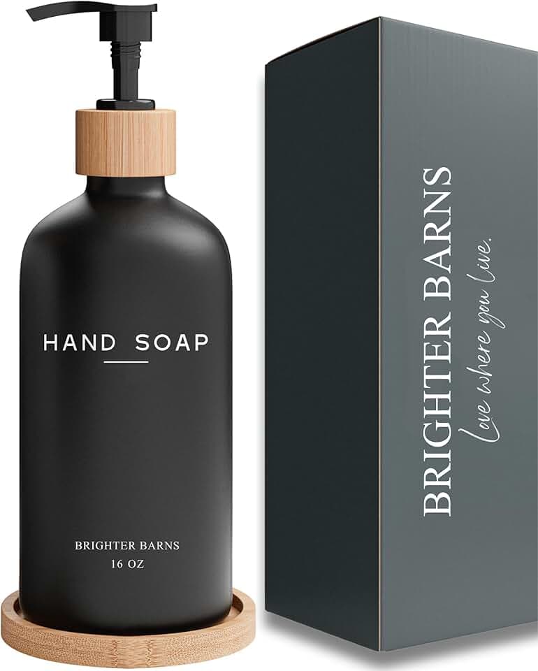 Black Glass Hand Soap Dispenser Bathroom Set by Brighter Barns - Bathroom Soap Dispenser Set with Tray - Glass Pump Bottle - Luxury Bathroom Accessories for Hotel, Vacation Rental, Restaurants (Black)