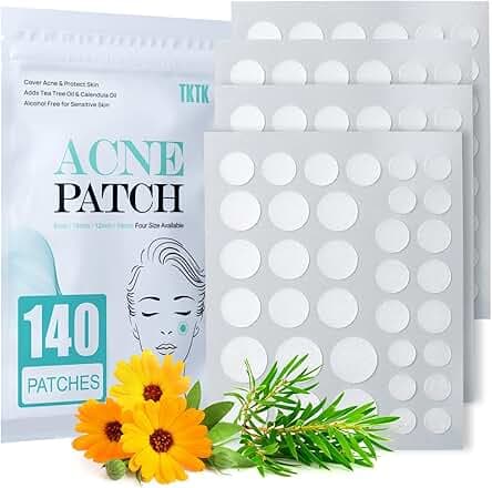 Pimple Patch Acne Patch, 4 Sizes 140 Patches Acne Absorbing Cover Patch, Hydrocolloid Invisible Acne Patches for Face Zit Patch Acne Dots Tea Tree, Calendula Oil