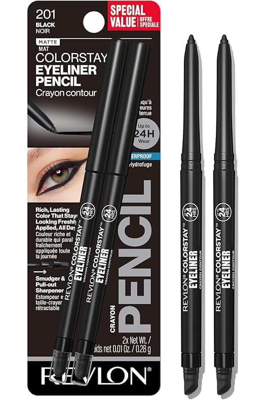 Revlon ColorStay Pencil Waterproof Eyeliner, Smudge-Proof, Eye Makeup with Built-In Sharpener, 201 Black, 2 pack