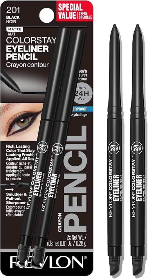Revlon ColorStay Pencil Waterproof Eyeliner, Smudge-Proof, Eye Makeup with Built-In Sharpener, 201 Black, 2 pack