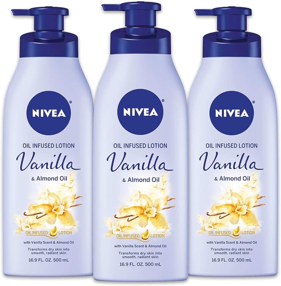 NIVEA Oil Infused Vanilla and Almond Oil Body Lotion for Women, Fast-Absorbing and Non-Greasy Vanilla Scented Lotion Moisturizes for 48 Hours, 16.9 Fl Oz Pump Bottle, Pack of 3