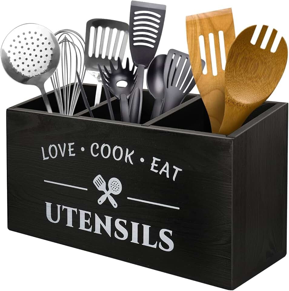 Kitchen Utensil Holder with 3 Compartments, Rustic Wooden Storage Organizer Box Vintage Cutlery Farmhouse Flatware Utensil Caddy Countertop for Silverware Fork Spoon Spatula
