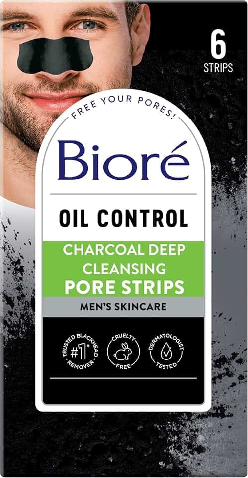 Bioré Charcoal Deep Cleansing Pore Strips for Men, Nose Strips for Blackhead Removal on Oily Skin, Features C-Bond Technology with Instant Pore Unclogging, 6 Count