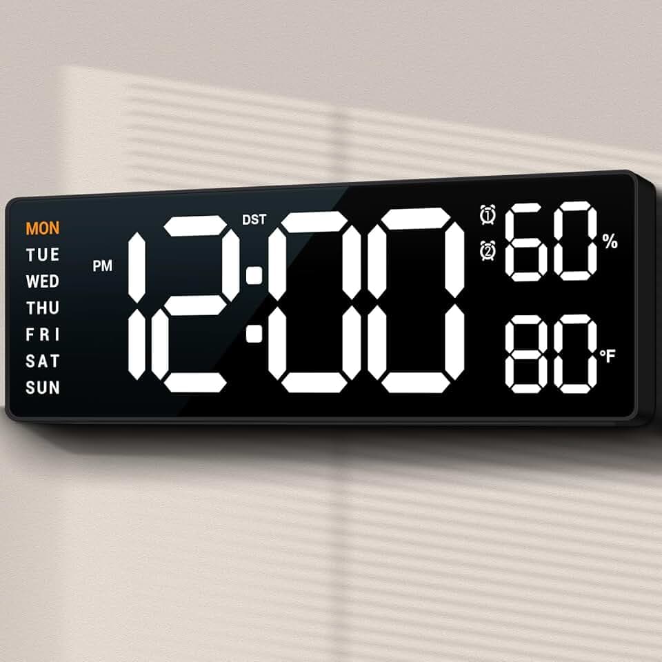 10" Digital Wall Clock: Fathers Day Birthday Gifts for Men Women, House Warming Gifts New Home Decor, Dual Alarm Wall Mount Decor Clock for Living Room Bedroom Office Desk Decor White