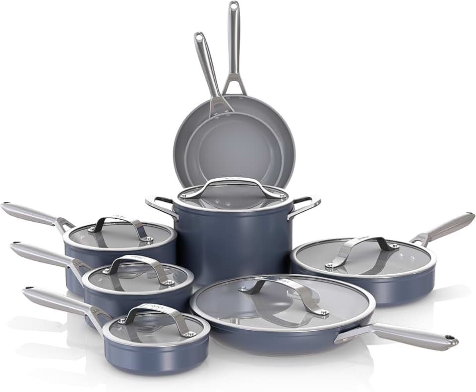 Ninja Ceramic Pro 14-Piece Cookware Set, Non-Stick Pots & Pans Set with Glass Lids, Nontoxic, PTFE Free, Ceramic Coated, Oven Safe, All Stovetops & Induction Compatible, Midnight Blue, CW39014MM