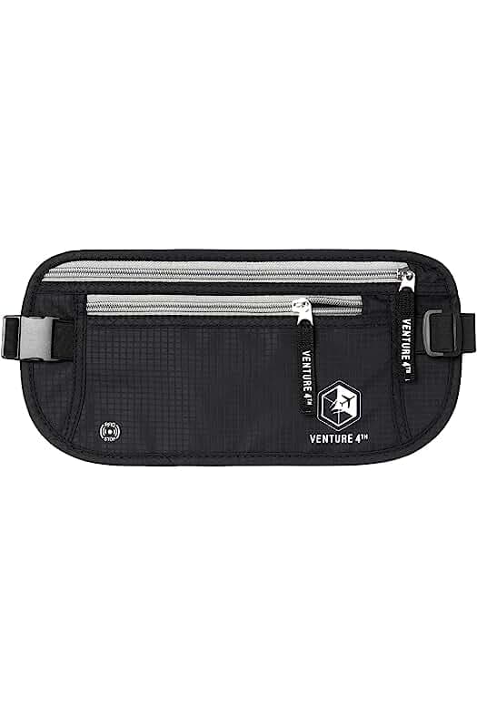 VENTURE 4TH Travel Money Belt - Slim Passport Holder RFID Blocking Travel Pouch to Protect Cash, Credit Cards and Travel Documents (Black)