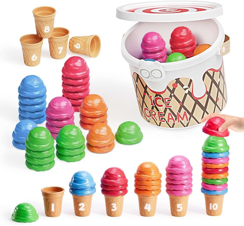 JoyCat Ice Cream Preschool Learning Activities Counting and Color Sorting Set Stacking Toys for Kids 3-5, Safety Fine Motor Skills Toy, Math Learning Resources Easter Basket Stuffers for Toddler 65PCS