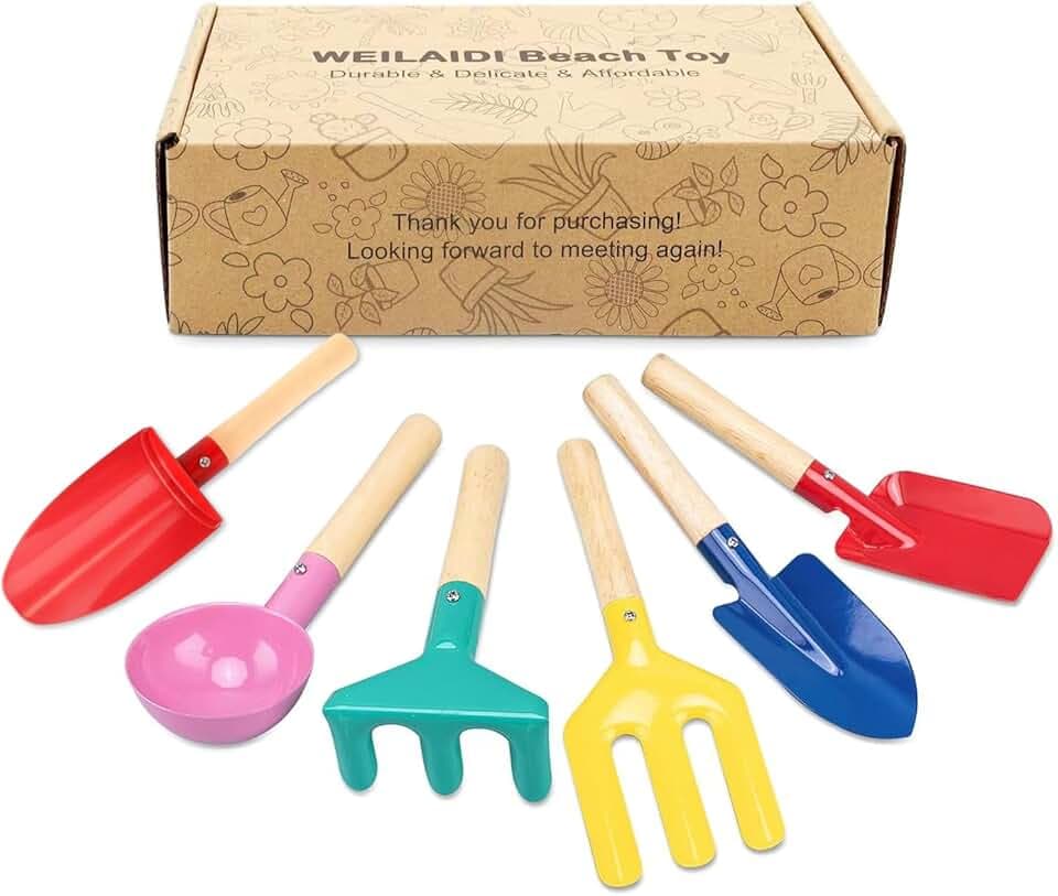 Beach Toys, 6 Pcs Children Beach Sand Toys, 8'' Kids Gardening Set Metal Garden Tools with Sturdy Wooden Handle,Safe Kids Shovel with Cylinder, Spoon, Fork, Rake, Flat Shovel & Pointed Shovel