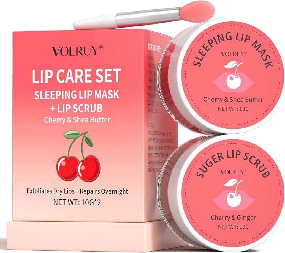 Lip Scrub & Lip Mask Set, Cherry Lip Exfoliator Scrub, Christmas Gifts Stocking Stuffers Gift for Women, Overnight Suger Lip Treatment, Repair Dry Cracked Lips - with Lip Brush (10g*2)