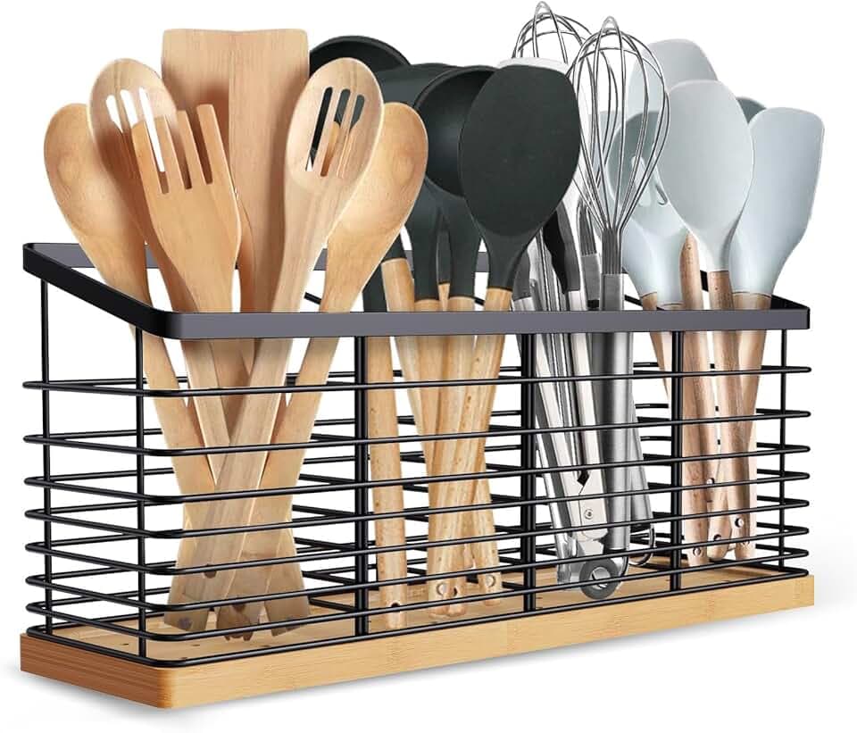 Suli Extra Large Kitchen Utensil Holder with 4 Compartments，Matte Black Metal holder with Wooden Base for Kitchen Countertop，Farmhouse Cooking Utensil Storage, Rustic Cooking Utensil