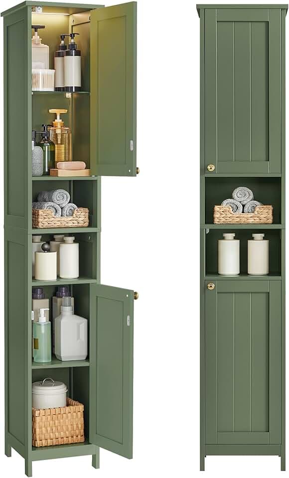 VASAGLE Tall Bathroom Cabinet with Lights, Slim Freestanding Bathroom Storage Cabinet with Adjustable Shelves, for Small Spaces, Modern, 11.8 Inches Wide, Forest Green UBBC566C01