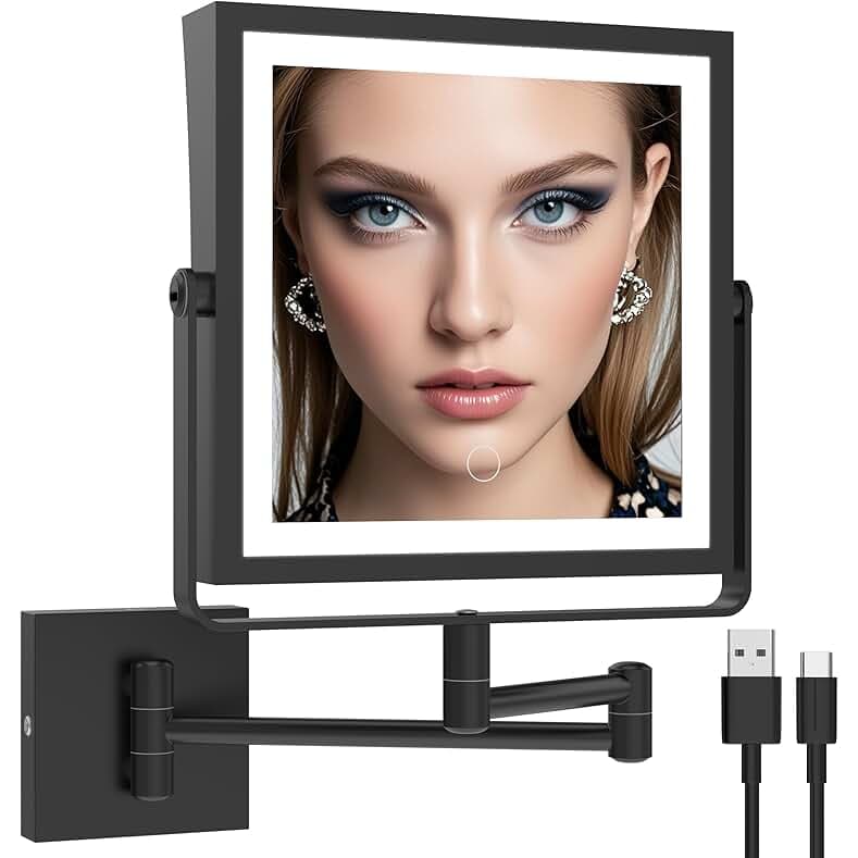 Ruacq Rechargeable Wall Mounted Makeup Mirror with Lights, Double Sided 1X/10X Magnifying Vanity Mirror with 3 Color Lighting, Touch Screen Dimmable, 360° Rotation Extension Foldable Arm(Matte Black)