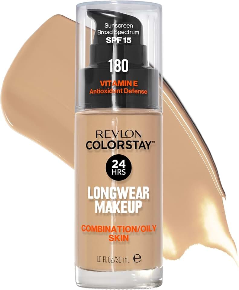 Revlon Liquid Foundation, ColorStay Face Makeup for Combination & Oily Skin, SPF 15, Medium-Full Coverage with Matte Finish, 180 Sand Beige, 1 Fl Oz