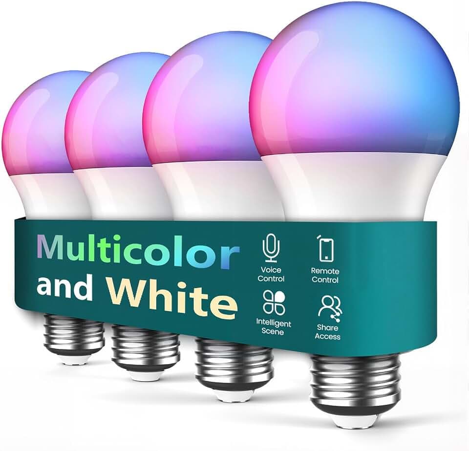 TREATLIFE Smart Light Bulbs 4 Pack, UL Certified 2.4GHz Color Changing Light Bulb, Works with Alexa Google Home, A19 E26 Dimmable LED Light Bulb 9W 800 Lumen for Party Decoration, Smart Home Lighting