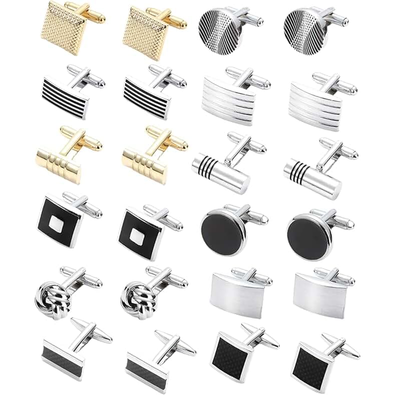 SONNYX 12 Pairs Cufflinks for Men Classic Tone Cuff Links Silver Black Striped Disc Square Rectangle Cuff Links Shirt Suit Men’s Cufflinks For Wedding Groom Business