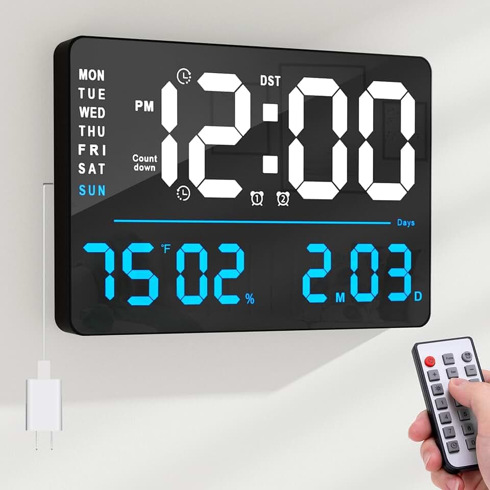 AYRELY® 16" LED Digital Wall Clock with Large Display,Alarm Clock with Digital Calendar for Living Room, Bedroom,Office,Shop,Gym Decor,Seniors,Gift for Elderly (Powered by Plug-in Only)