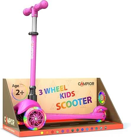 Pink Mini 3 Wheel Scooter for Kids – Lean-to-Steer with LED Light-Up Wheels, Adjustable Handlebar, Wide Anti-Slip Deck, Smooth PU Wheels, Rear Foot Brake – Toddler Scooter for Ages 2+