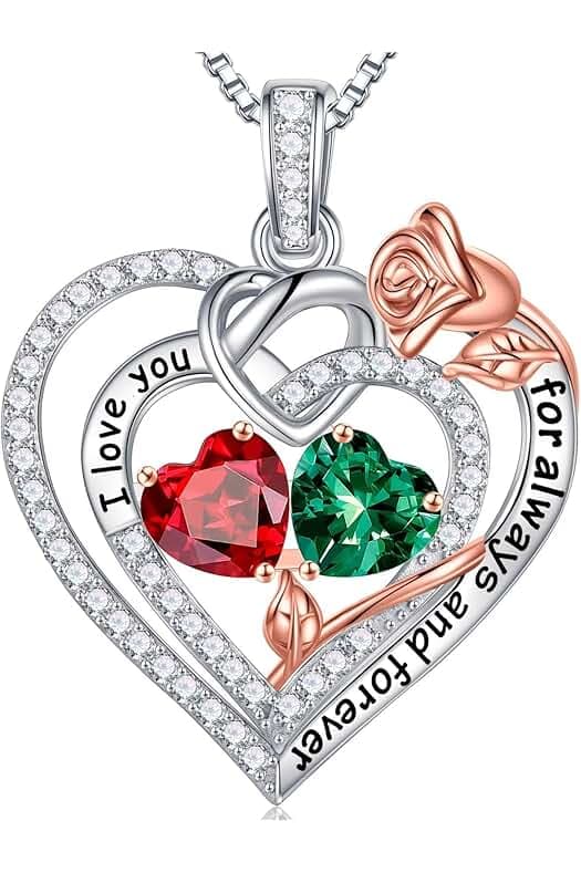 Iefil Rose Heart Necklace Gifts for Wife Women - 925 Sterling Silver Double Birthstone Necklace, Anniversary Birthday Gifts for Women, Jewelry Gift for Wife Girlfriend Mom Her