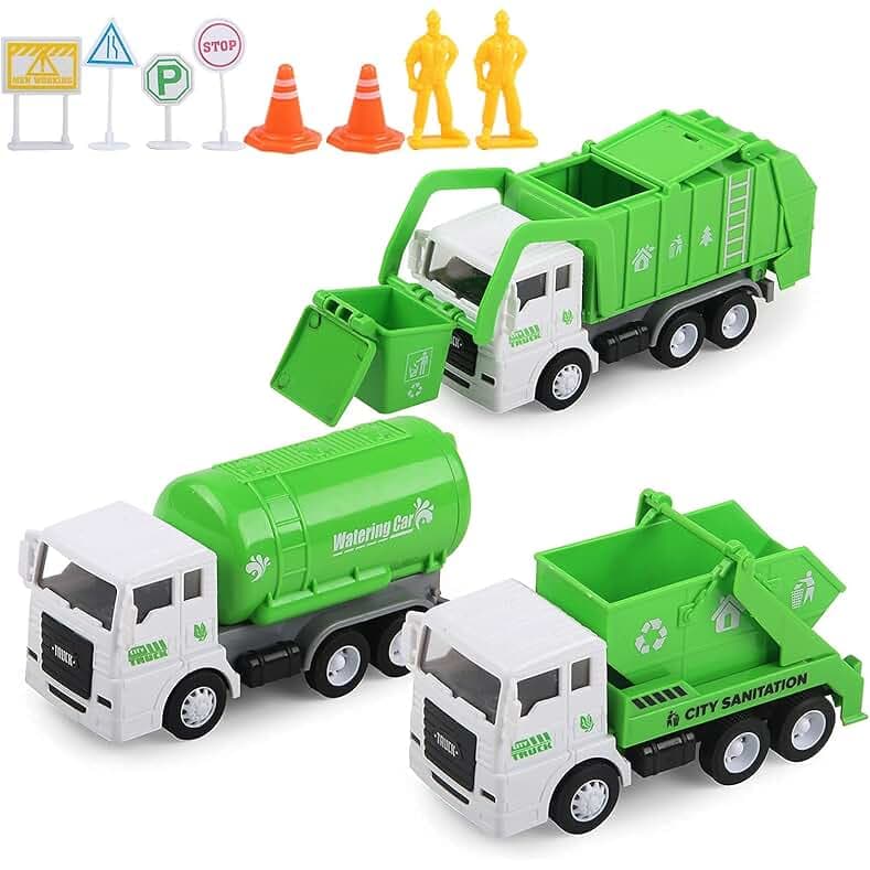 Toy Vehicles Set 3 Pack Sanitation Truck Car Model Garbage Trucks Water Tanker Playset with 8 Signpost Friction Power for Boys Age 3+ Toddlers Kids Holiday Birthday Gift Children