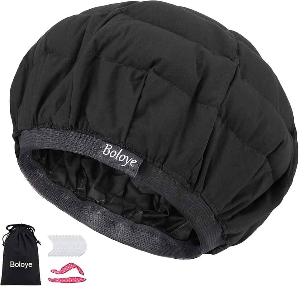 Flaxseed Deep Conditioning Heat Cap - Boloye Cordless 100% Safe Microwave Hot Cap for Natural Curly Textured Hair Care, Drying, Styling, Curling, Universal size (10 PCS One-time shower cap) (Black)