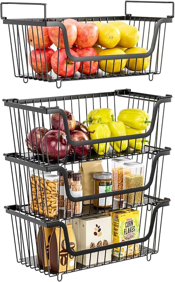 4 Pcs Stackable Wire Baskets for Pantry Organizers and Storage,Kitchen Storage Metal Baskets,Produce Potato Onion Storage Bin,Vegetable Fruit Basket for Countertop,Black