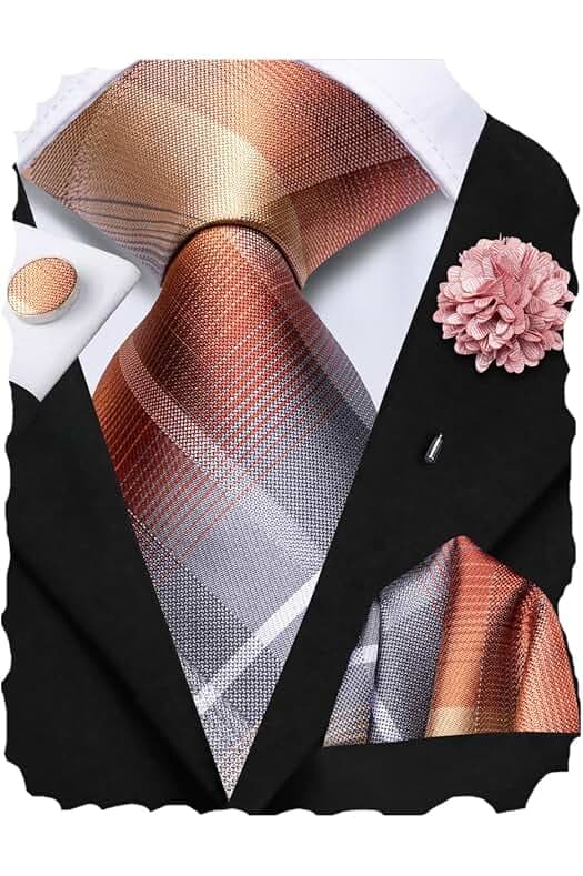 Hi-Tie Mens Silk Ties and Flower Lapel Pin Pocket Square Cufflinks Set 4PCS Necktie for Wedding Business