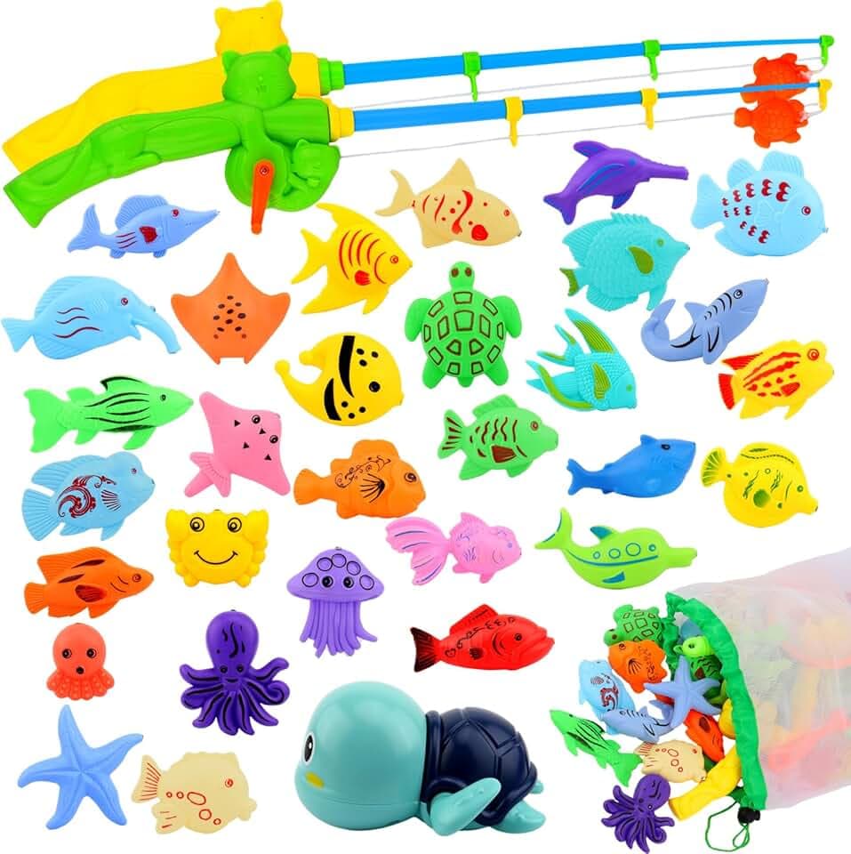 Magnetic Fishing Pool Toys Game, Water Table Bathtub Bath Toy - Pole Rod Floating Fish, Birthday Party Gifts for Toddler Age 3 4 5 6 Year Old, Kids Outdoor Toys