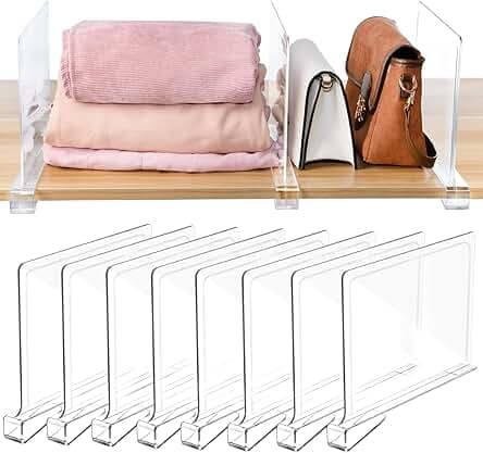 Shelf Dividers for Closet Organization, 8 Pack Acrylic Shelf Divider for Clothes Purses, Clear Plastic Separators for Wood Shelves Organizer, Cabinets, Bedroom, Kitchen, Office