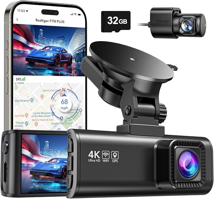 REDTIGER Dash Cam Front Rear, 4K/2.5K Full HD Dash Camera for Cars, Included 32GB Card, Built-in Wi-Fi GPS, APP Control, 3.18" IPS Screen, Night Vision, Wide Angle, WDR, 24H Parking Mode(F7NP)