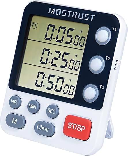 Digital Dual Kitchen Timer, 3 Channels Count Down/up Triple Cooking Timer for Baking, Magnetic Memory-Preset Large-Display Adjustable Alarm Volume, Multi Times Management, 3A Battery Included, White