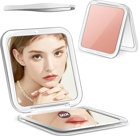 MIYADIVA Compact Mirror, 30X Magnifying Mirror, Pocket Mirror for Purse, Travel Makeup Mirror with 30X/1X Magnification, Travel Essentials Mirror, Precision Tweezers, Present for Girls