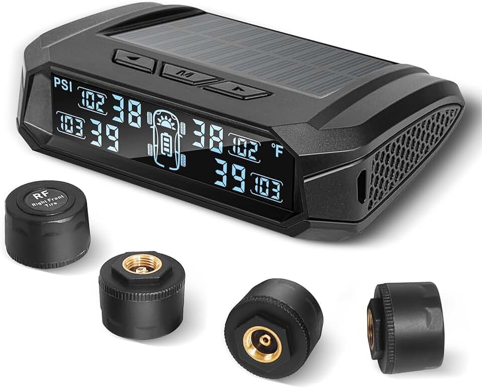 RV tire Pressure Monitoring System, Wireless TPMS Tire Pressure Monitor System with Solar Charger, RV TPMS with 4 tire Pressure Sensors & 6 Alarm Modes(0-87 PSI)